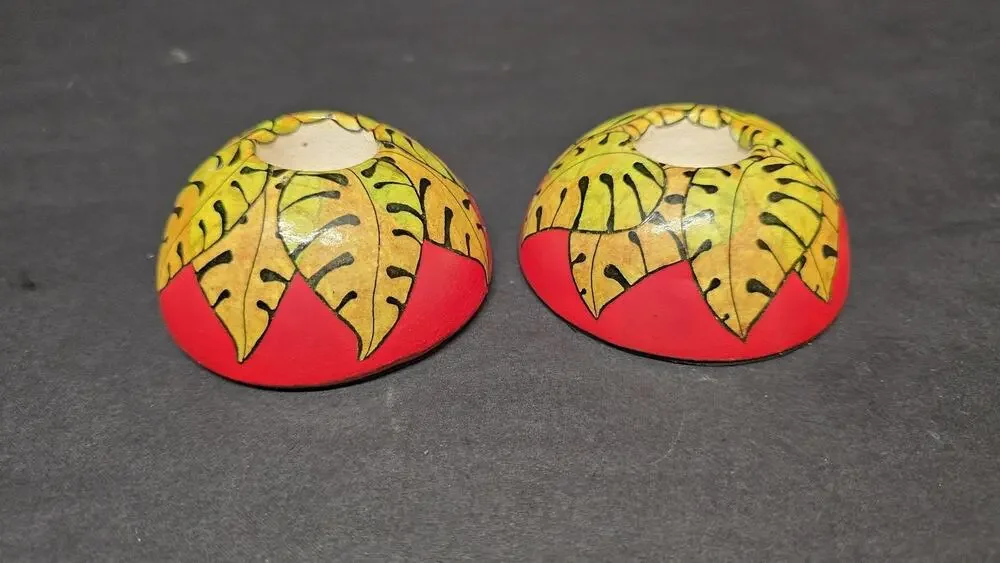 Pair Red Yellow Tropical Leaf Ceramic Taper Candle Holders Small Round Decor